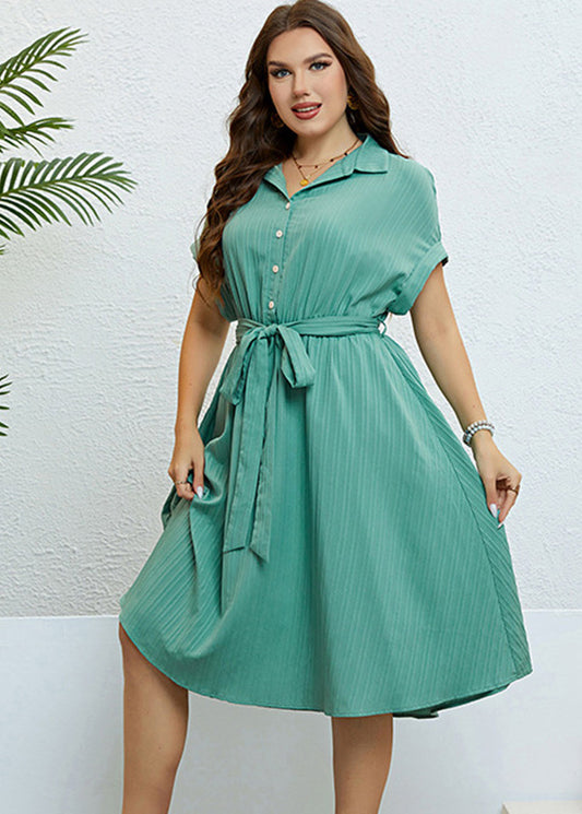 Unique Light Green Peter Pan Collar Tie waist Maxi Dress Short Sleeve