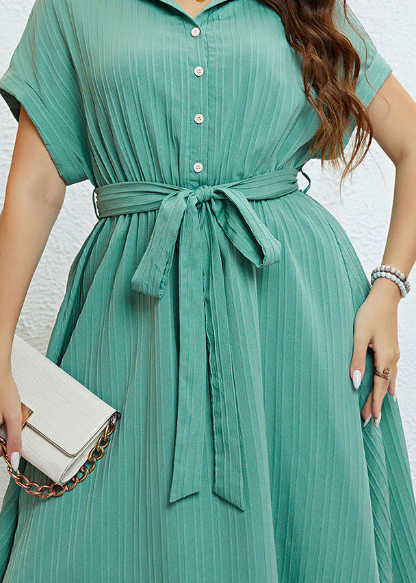Unique Light Green Peter Pan Collar Tie waist Maxi Dress Short Sleeve