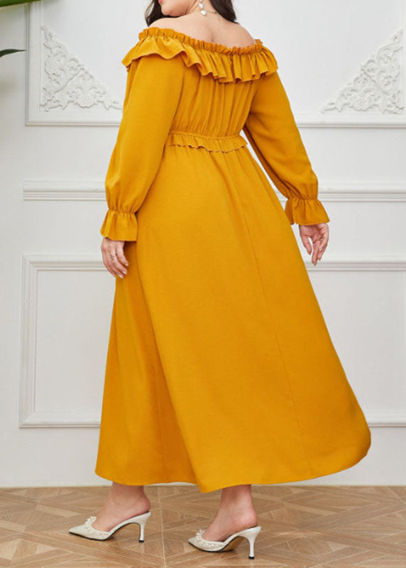 Unique Yellow Slash Neck Ruffled Patchwork Maxi Dress Long Sleeve