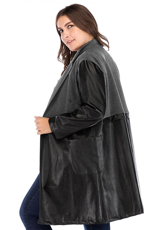 Vintage Black Grey V Neck Pockets Faux Leather Patchwork Trench Coat Long Sleeve