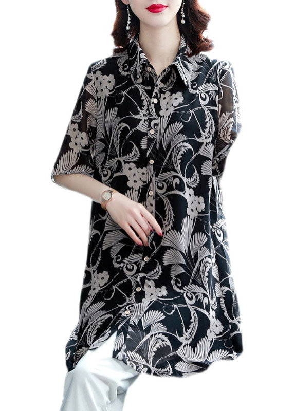 Vintage Black Turn-down Collar Print Draping Chiffon Long Shirt For Women Half Sleeve