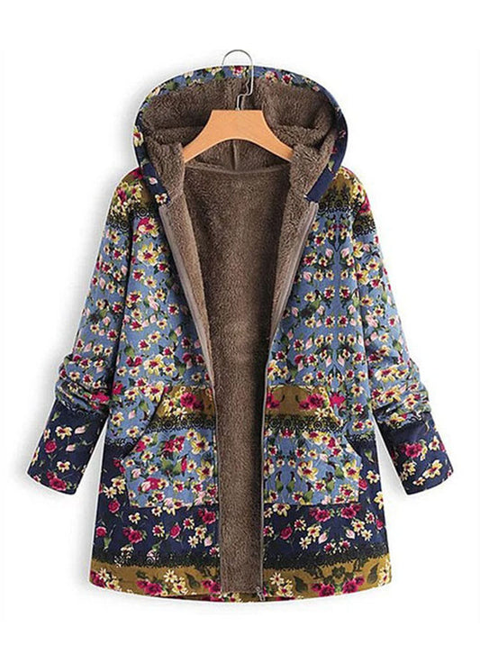 Vintage Green Hooded Print Pockets Patchwork Warm Fleece Trench Fall