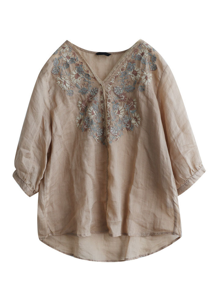 Vintage Khaki Embroideried Lace Patchwork Linen Shirt Top Half Sleeve