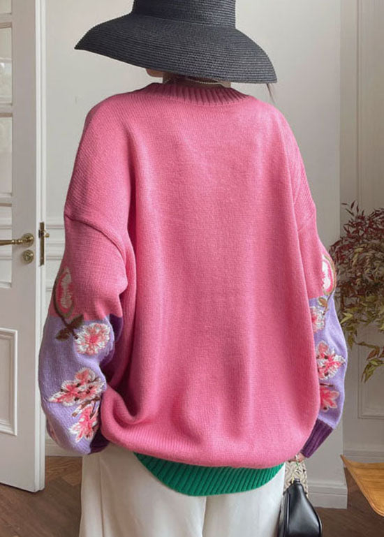 Vintage Pink Embroideried Floral Knit top Spring