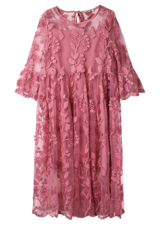 Vintage Pink Embroideried O-Neck Two Pieces Set Lace Dress