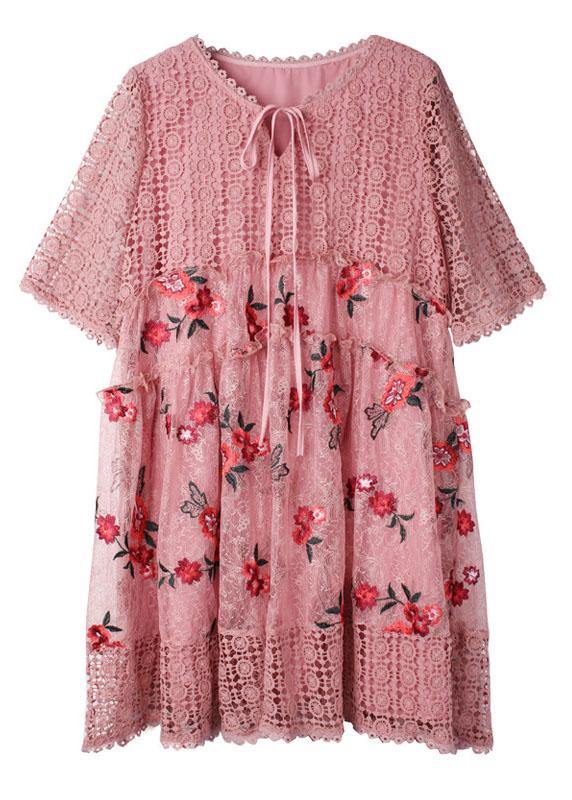Vintage Pink Hollow Out Embroideried Summer Mid Dress Half Sleeve