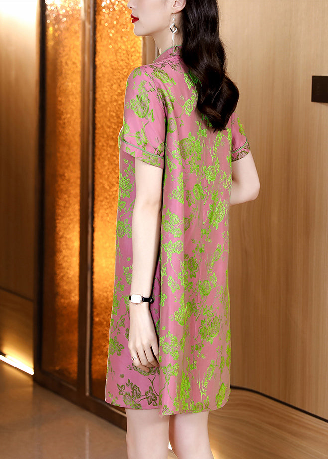 Vintage Pink Mandarin Collar Jacquard Silk cheongsam Dresses Short Sleeve