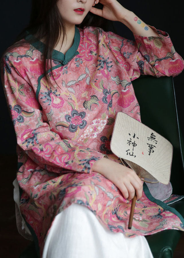 Vintage Pink button Stand Collar side open print Linen Tops Long Sleeve