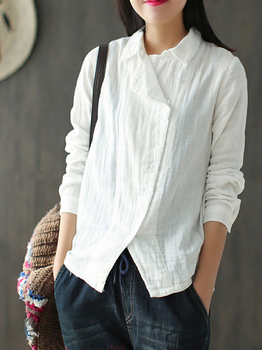 Plus Size - Retro Solid Color Long Sleeve 100% Cotton Shirt