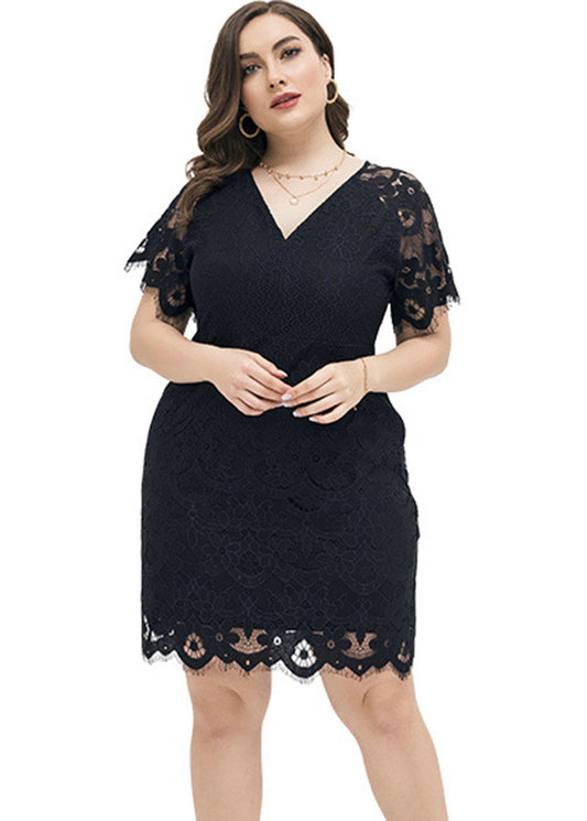 Vogue Black Hollow Out Lace Mid Dress Short Sleeve