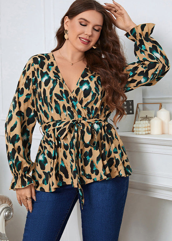 Vogue Ginger Print Tie Waist Chiffon Shirts Long Sleeve