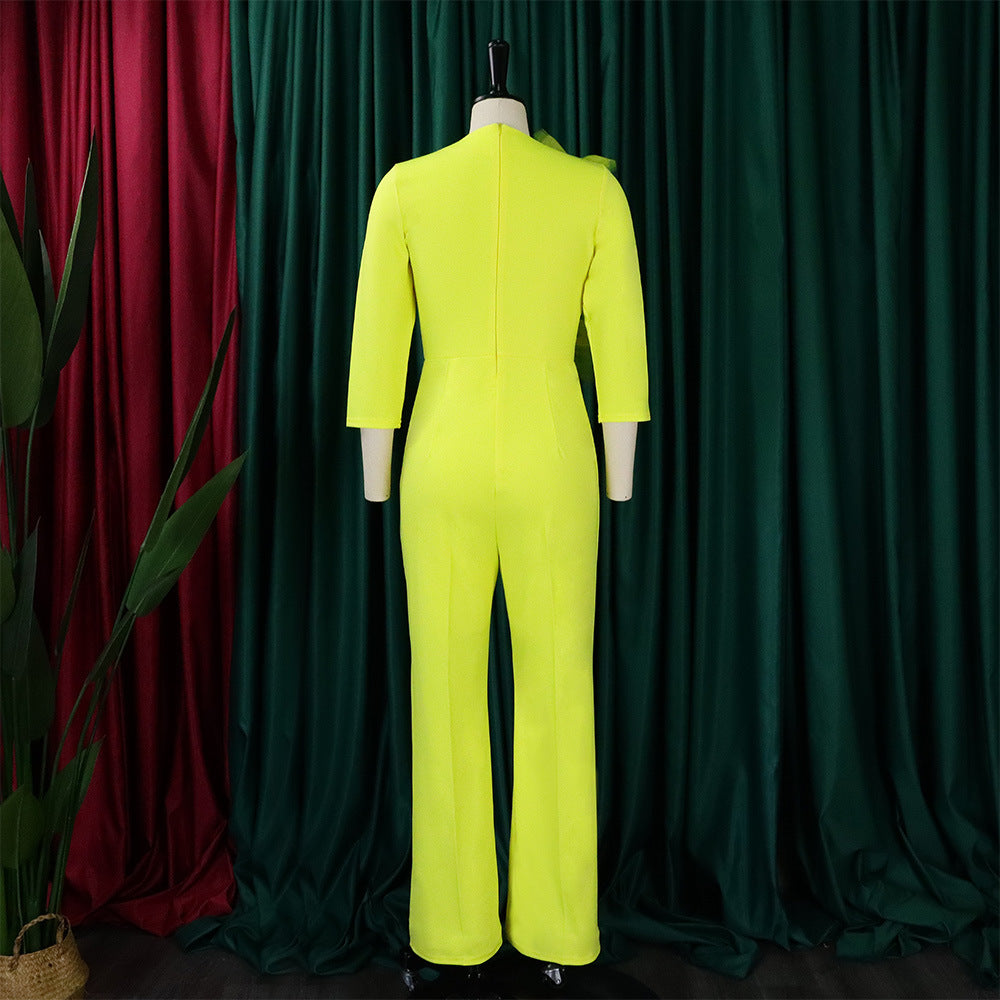 Vogue Yellow V Neck Zippered Patchwork Floral Spandex Wide Leg Jumpsuits Fall