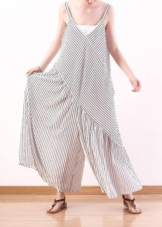 White Stripe Suspender Large Chiffon Jumpsuit Wide Leg Pants Summer