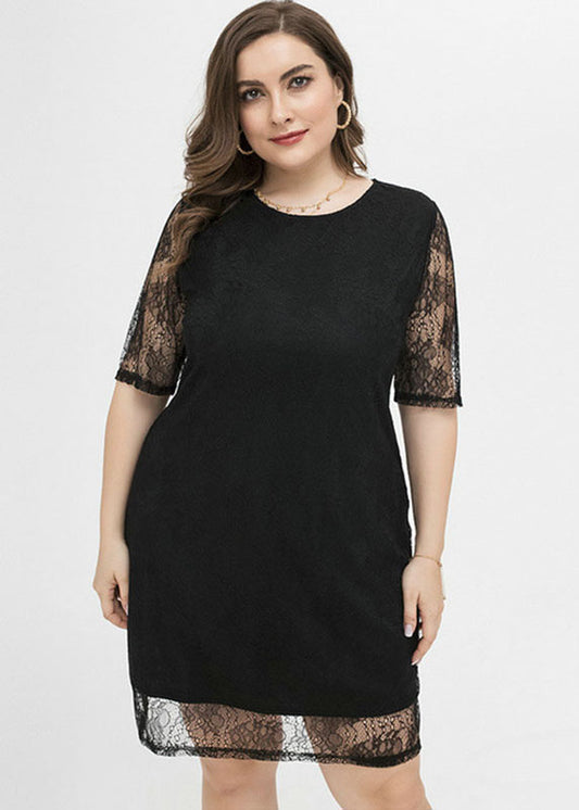 Women Black Patchwork Cozy Lace Mid Dresses Short Sleeve