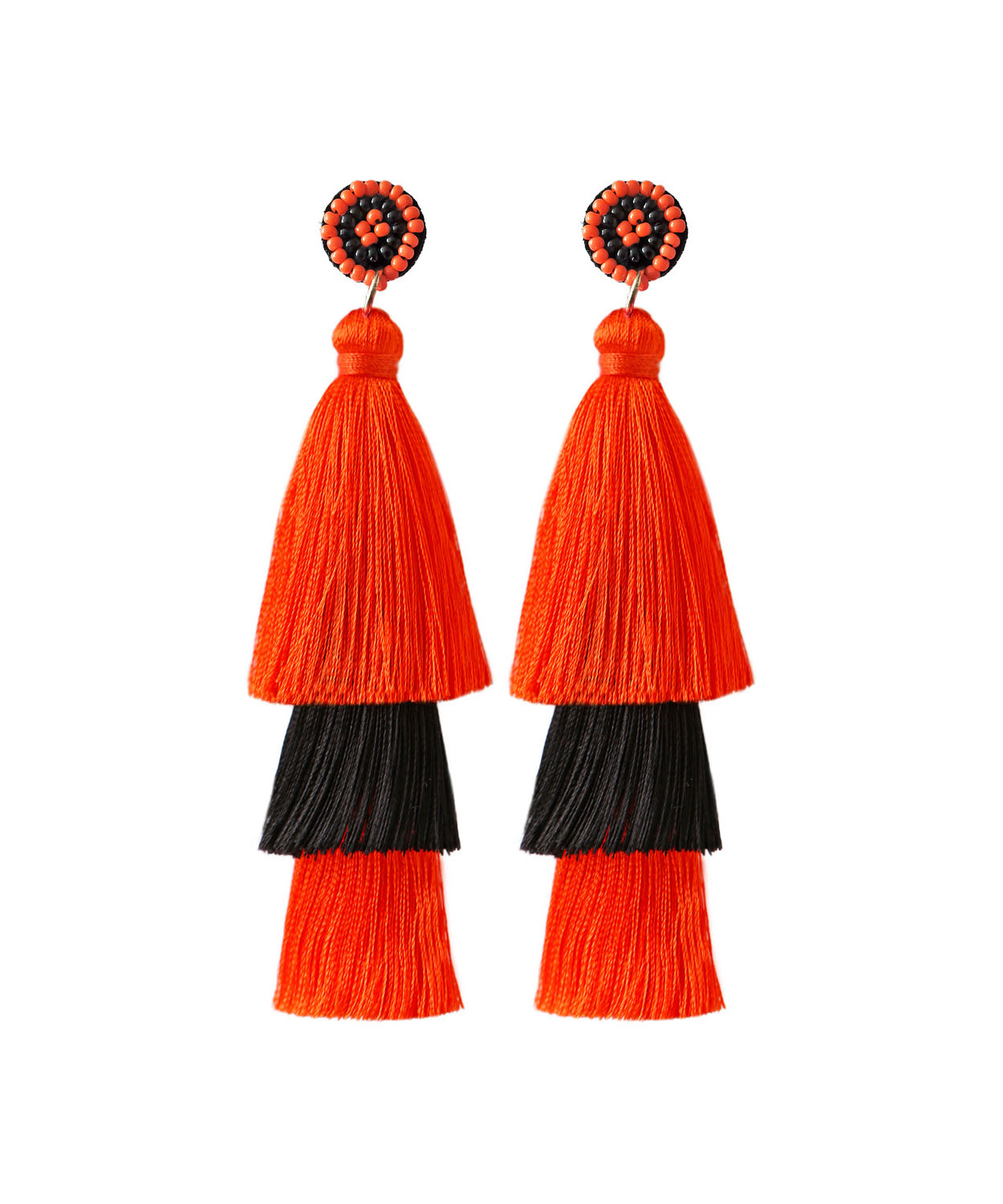 Women Black Rice Ball Silk Cotton Tassel Drop Earrings