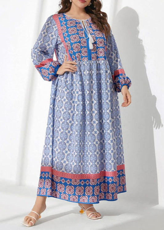 Women Blue O Neck Lace Up Print Patchwork Cotton Long Dress Fall