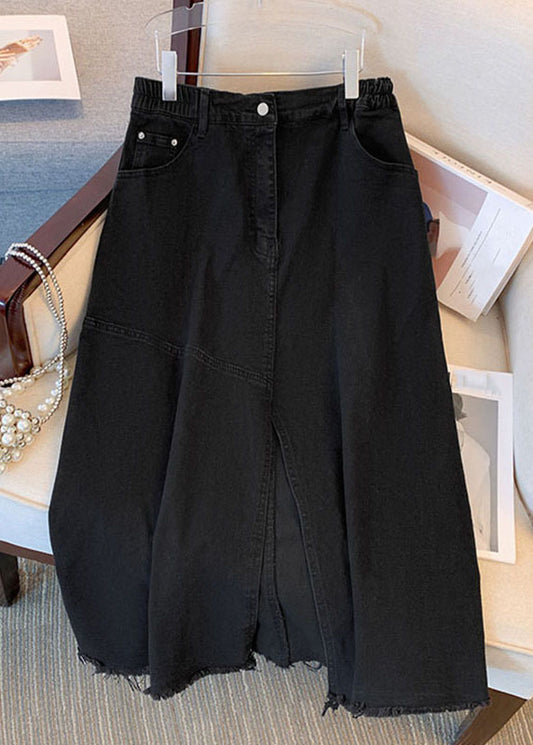 Women Blue Pockets Side Open Patchwork Denim Skirts Summer