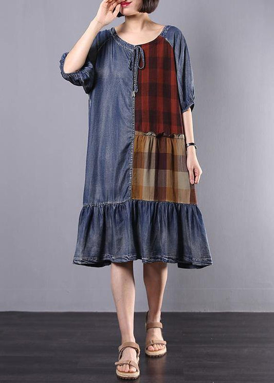 Women Cotton Tunics Indian Vintage Plaid Spliced Denim A-Line Dress