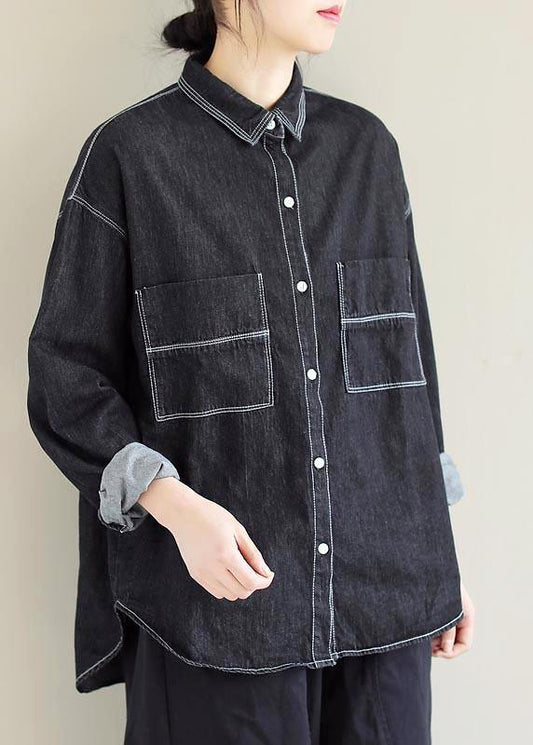 Women Denim Black Top Silhouette Lapel Pockets Vestidos De Lino Spring Shirts