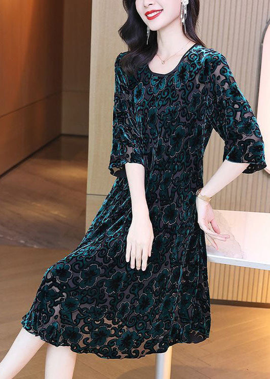 Women Green O-Neck Oversized Print Silk Velour Party Dress Half Sleeve