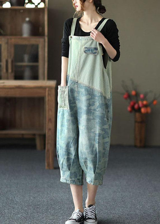 Women Light Blue Pockets Patchwork Jumpsuit Crop Pants