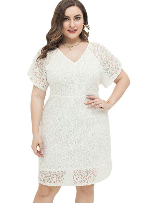 Women White Patchwork Lace Mid Dresses Short Sleeve