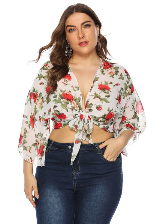 Women White V Neck Print Tie Waist Chiffon Cardigans Bracelet Sleeve