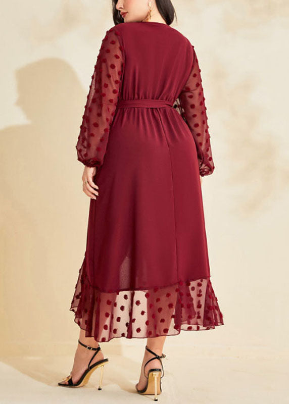 Women Wine Red Asymmetrical Ruffled Tie Waist Patchwork Chiffon Dresses Fall