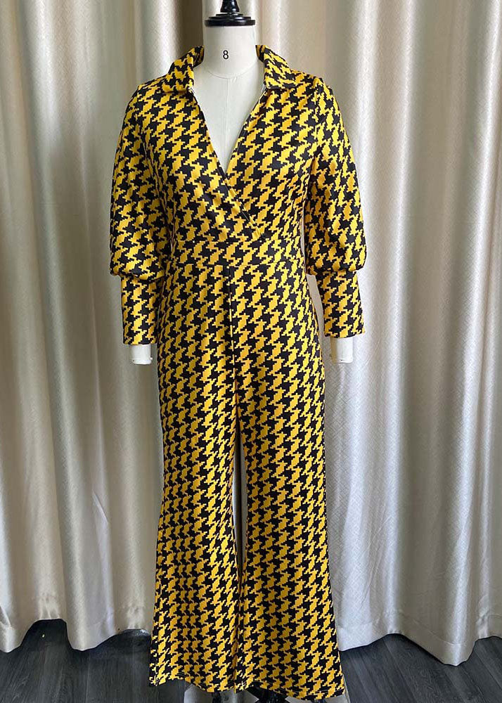 Women Yellow Patchwork Print High Waist Jumpsuit Fall