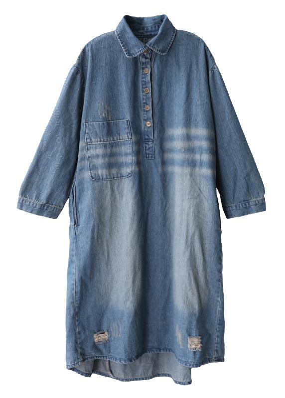 Women lapel Hole spring outfit Shape denim blue Dresses
