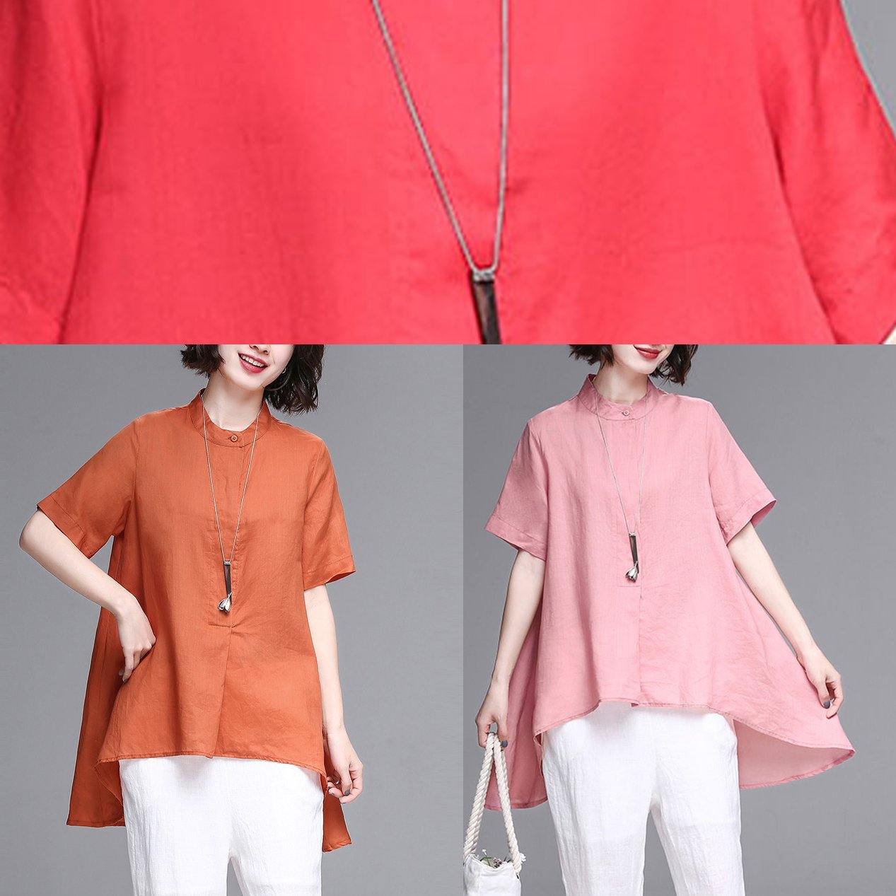 Women pink cotton linen clothes Work stand collar asymmetric summer tops