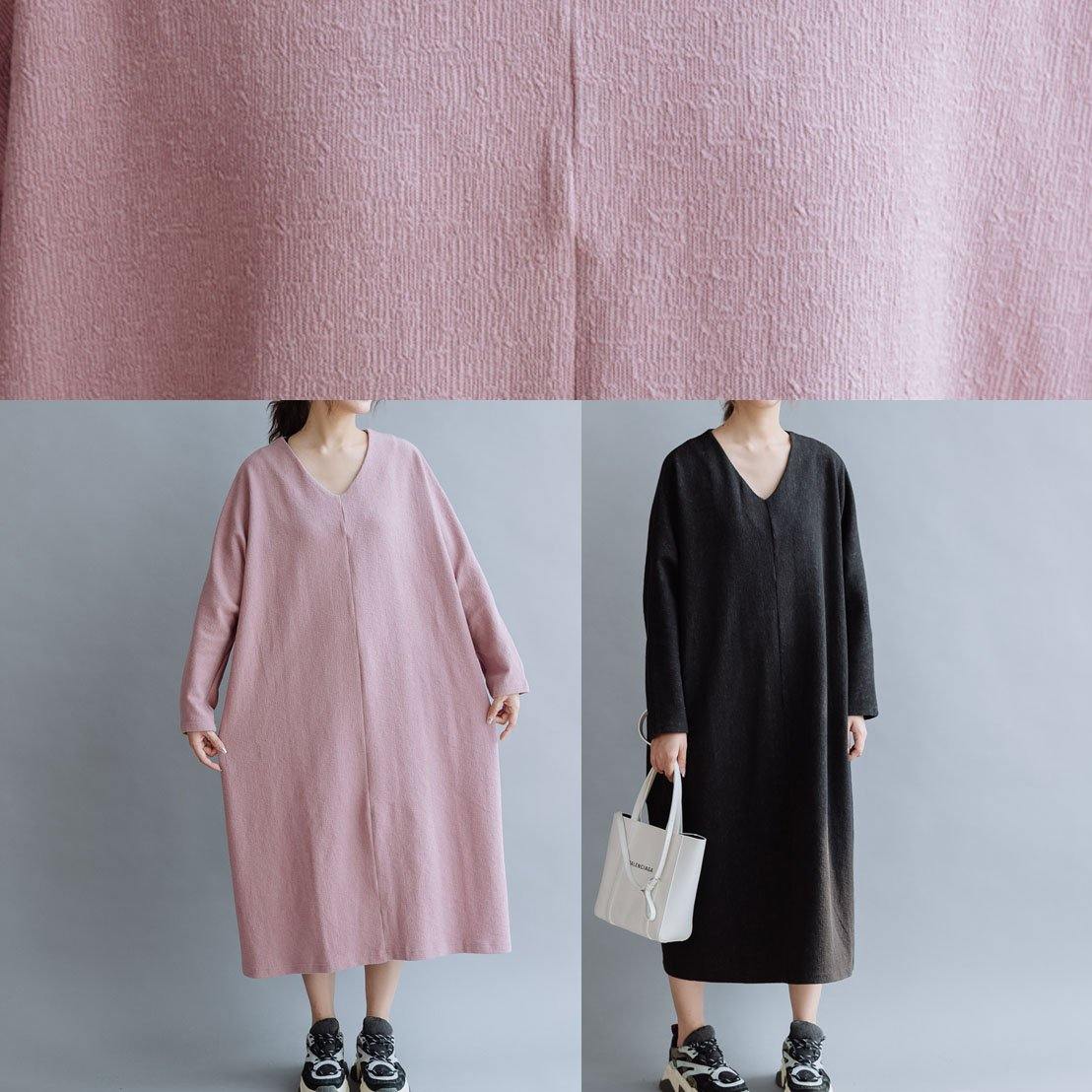 Women pink linen cotton outfit v neck Traveling fall Dresses