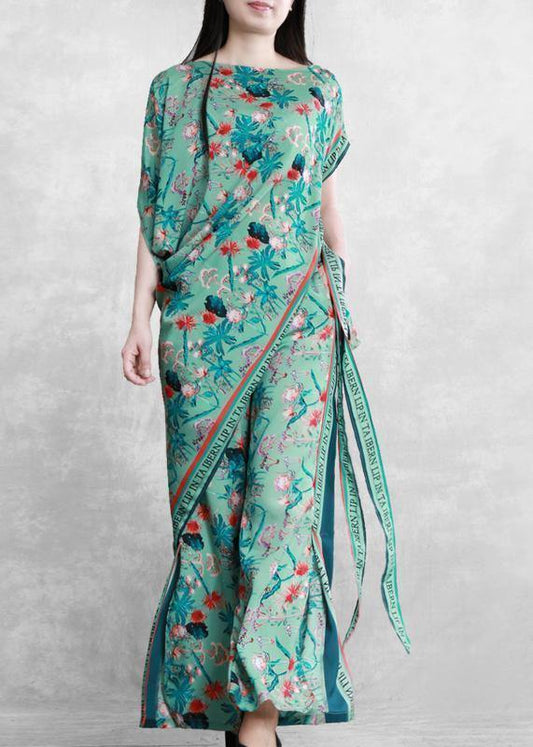 Women's 2021 summer national style green print suit irregular two-piece