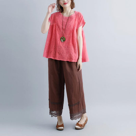 brief linen tops plus size clothing Casual Summer Short Sleeve Pink Boat Neck Blouse