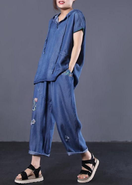 denim blue vintage cotton two pieces hooded short sleeve tops and patchwork pants