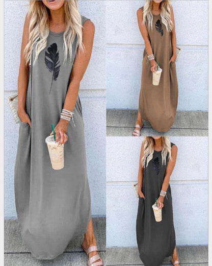 Printed sleeveless shift vest casual long dress - SooLinen