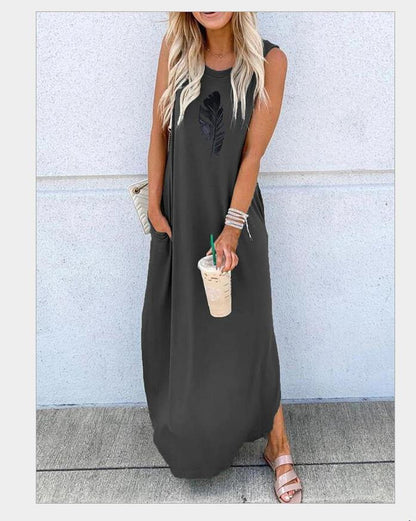 Printed sleeveless shift vest casual long dress - SooLinen