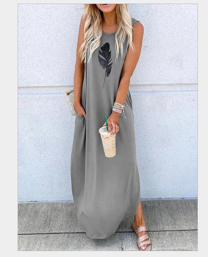 Printed sleeveless shift vest casual long dress - SooLinen
