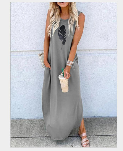 Printed sleeveless shift vest casual long dress - SooLinen