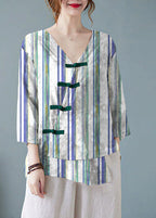 Casual Blue stripes V Neck Print Shirts Half Sleeve