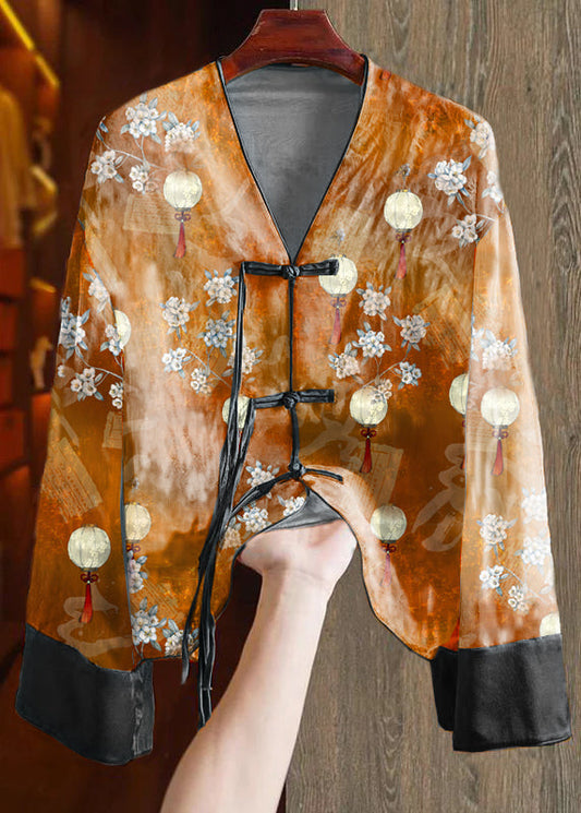 Loose Orange flower V Neck Embroidered Button Silk Shirts Spring