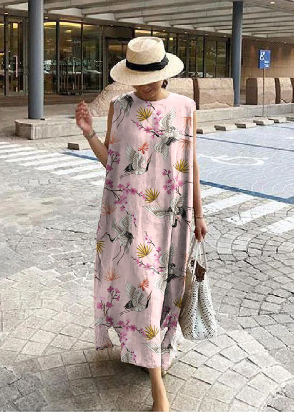 Bohemian O Neck Side Open Linen Cotton Clothes Fabrics Color Geometry Dress