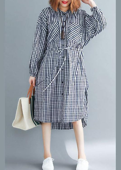 100% Black Plaid Clothes Hooded Drawstring  Spring Dresses - SooLinen
