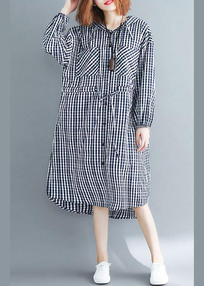 100% Black Plaid Clothes Hooded Drawstring  Spring Dresses - SooLinen