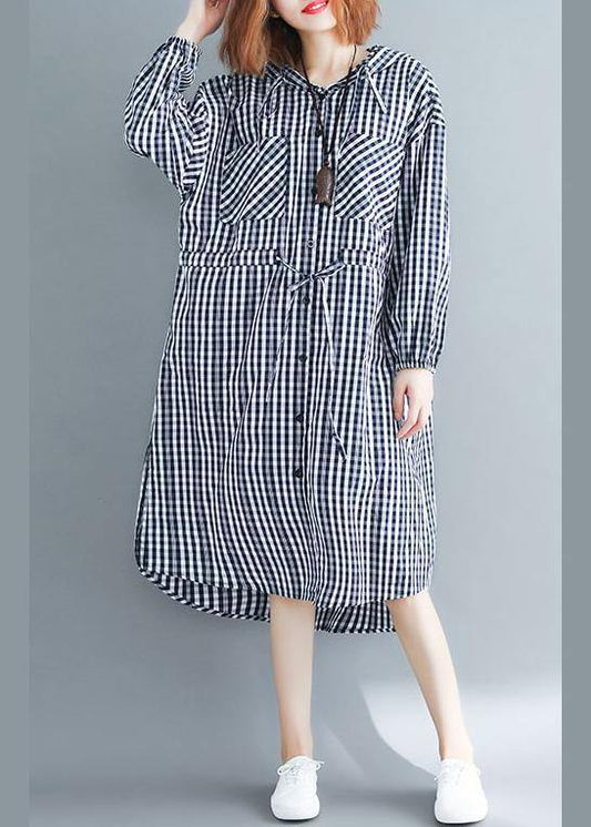 100% Black Plaid Clothes Hooded Drawstring  Spring Dresses - SooLinen