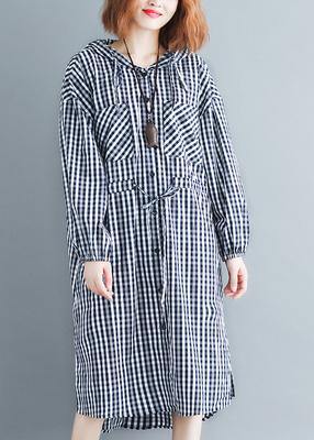 100% Black Plaid Clothes Hooded Drawstring  Spring Dresses - SooLinen