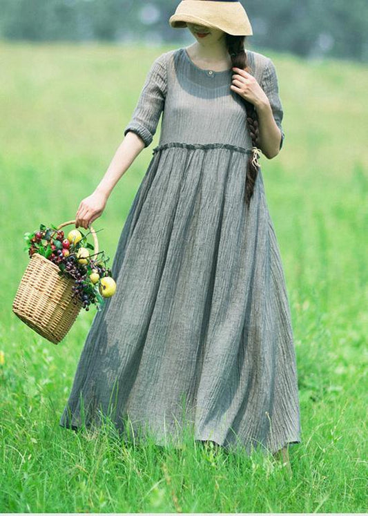 100% Green dresses O-Neck Patchwor long Summer Dresses - SooLinen