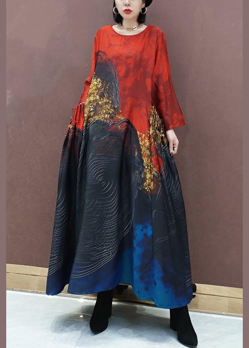 100% Red Print Tunic Pattern O Neck Large Hem Traveling Spring Dress - SooLinen