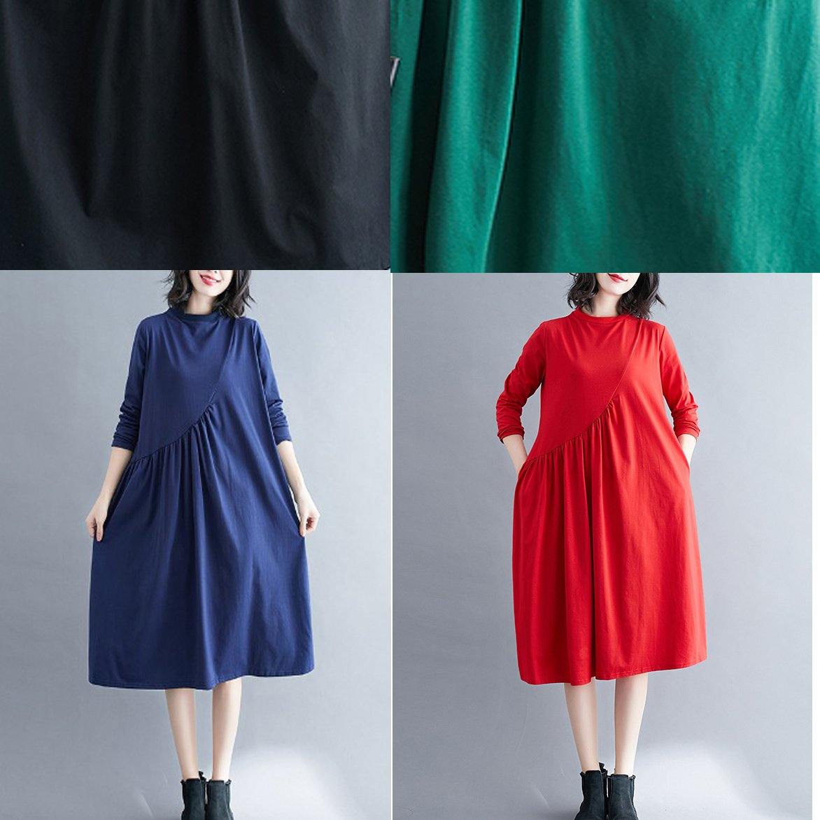 100% Red Wardrobes O Neck Wrinkled Kaftan Spring Dresses - SooLinen