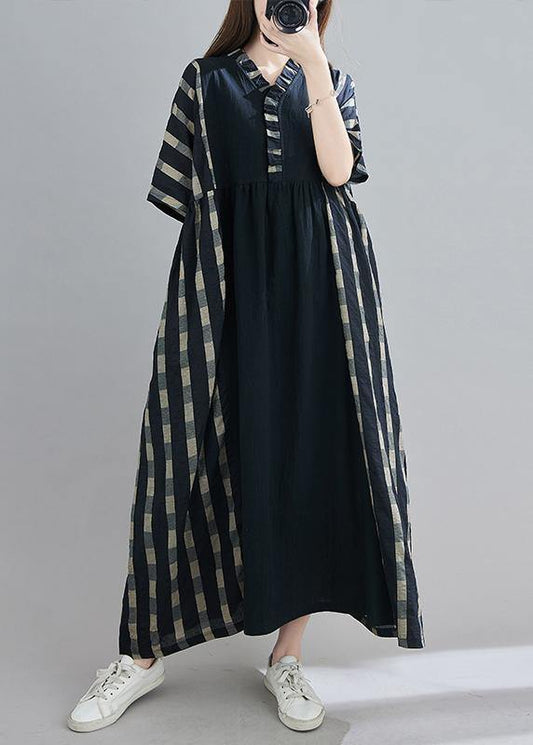 100% V Neck Patchwork Spring Clothes Sleeve Black Plaid Maxi Dress - SooLinen